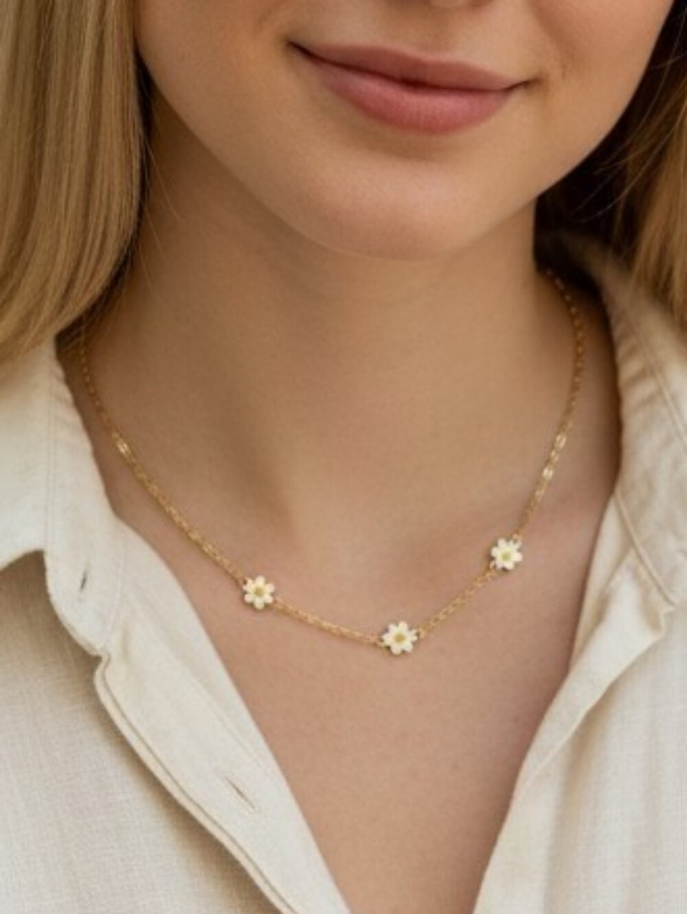 Dainty Goldtone Daisy Chain Necklace - Yellow Enamel Flower Accents
